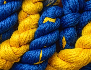 Intertwined yellow and blue threads display a vibrant, close-up texture
