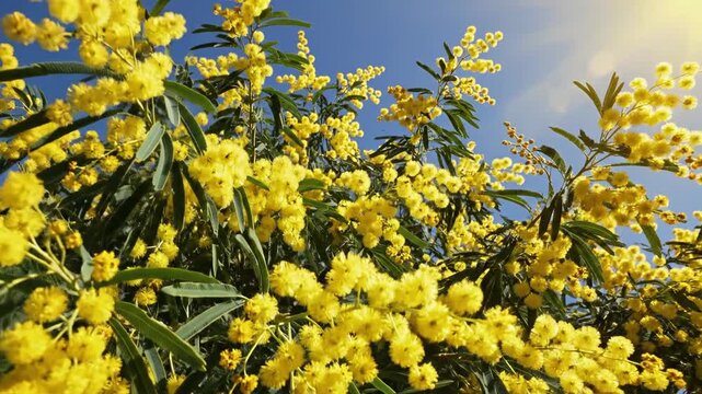 Abundant Golden Mimosa Branches Bursting with Fluffy Yellow Blossoms Under a Clear Blue Sky