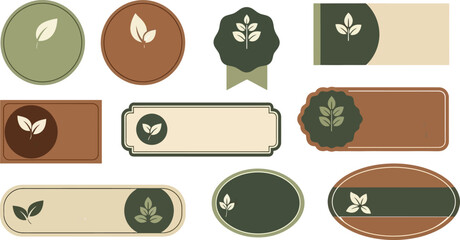 Collection of various green, brown, and beige labels and badges with leaf designs on a white background.