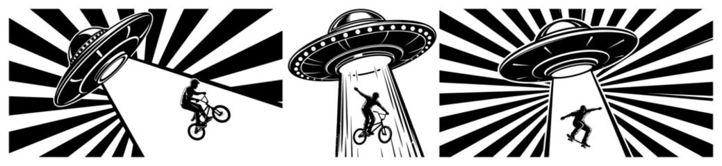 Retro sci-fi line art illustration of a UFO abducting people with light beams © UrbanDruid