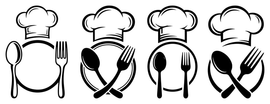 Set of minimalist culinary logos with chef hats and crossed cutlery icons for restaurant branding