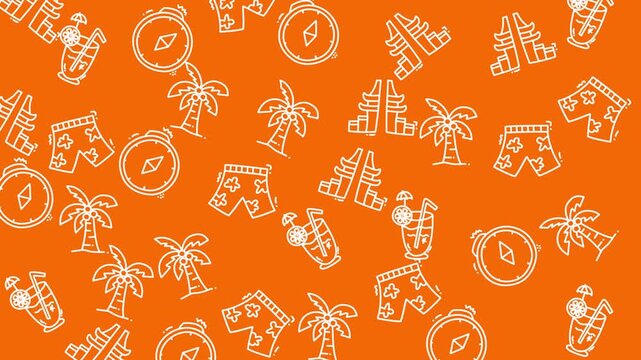 holiday pattern with Orange tropical design with palm trees, drinks, compasses, and simple animation suitable for travel brochures, vacation advertisements, or summerthemed projects.