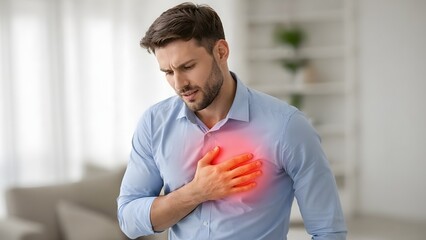 Young man suffering from severe chest pain, clutching his chest with a distressed expression, indicating discomfort or a medical emergency.
