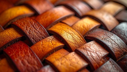 Interwoven, textured leather strips, warm brown hues, creates a tactile, dimensional, rustic pattern, and captivating light/shadow