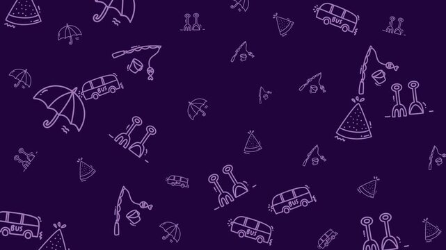 holiday pattern summer with dark purple umbrellas, buses, tents, and giraffes simple animation, perfect for illustrates the summer theme