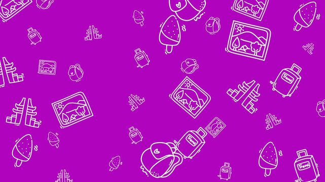 holiday pattern combine travelrelated symbols drawn in white outlines on a purple background. Ideal for travel websites, blogs, posters, or holiday theme