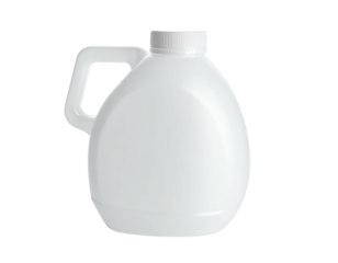 A white plastic jug with a handle, cap, and rounded body, presented on a black background