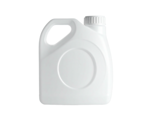 A white plastic container with a handle, circular indentation, and a screw-on cap