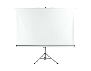 A blank white projection screen on a metal tripod, ideal for presentations and display