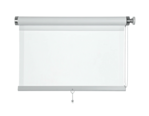 Plain white retractable screen with metal top and bottom supports, isolated on black background