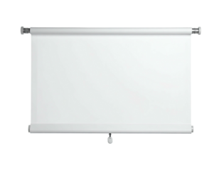 White rectangular presentation screen, partially rolled, metallic frame, dark background, neutral