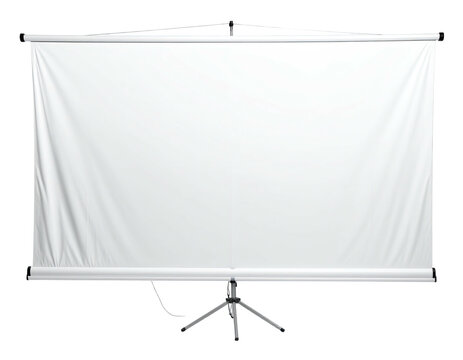 Large white projection screen on a tripod, front view against a dark backdrop