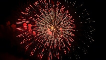 Vibrant fireworks exploding in night sky with bright red and gold sparks