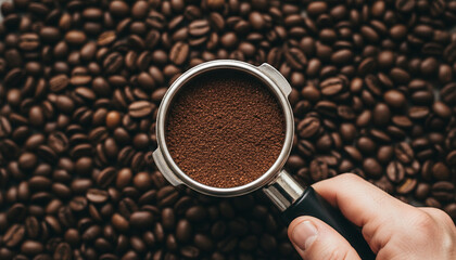 Hand holding portafilter with ground coffee beans