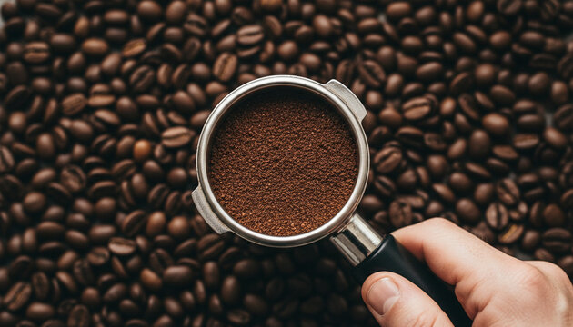 Hand holding portafilter with ground coffee beans - Powered by Adobe
