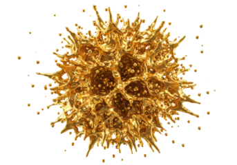 massive, photorealistic 3d render of molten gold splash frozen in violent expansion, forming sharp fractal structures against a transparent background. concept for kinetic energy and fluidity