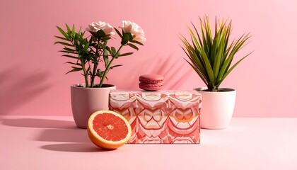 Pink still life with plants, grapefruit, and macaron against a vibrant pink backdrop, capturing a bright, modern aesthetic