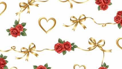 A repeating pattern of red roses and gold ribbons on a white background viewed from directly above