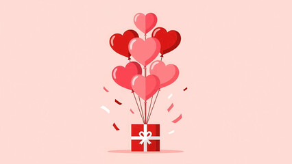 Heart-shaped balloons rising from a gift box on a pink background