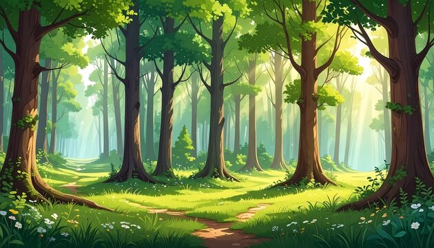 Lush, green forest scene with tall trees and sunlit clearing, offering a serene and inviting escape into nature - Powered by Adobe