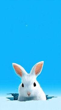 Osterhase schaut aus Loch in blauer Wand