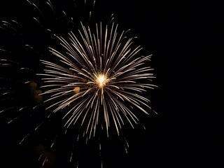 Vibrant fireworks exploding in night sky with golden sparks