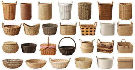 Set of baskets of different shapes isolated on a transparent background, png
