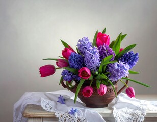 Pink tulips and purple hyacinths in a terracotta vase on a lace-edged white cloth against a neutral background
