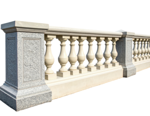 A perspective view of a long stone balustrade with ornate balusters