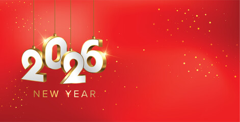2026 New Year celebration background with hanging metallic numbers and golden sparkles on red