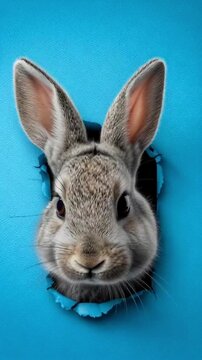 Osterhase schaut aus Loch in blauer Wand