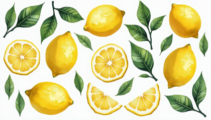 Watercolor Lemon Still Life with Green Leaves on White Background