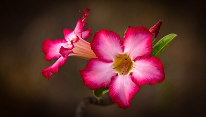 Pink-edged, white blossom with a warm center, set against a blurred background