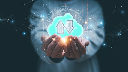 Cloud computing concept. Cloud icon with data upload and download above human hands. Secure digital storage, online data transfer, network technology, cybersecurity and modern cloud services.