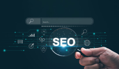 Search engine optimization concept. Magnifying glass highlighting SEO text, digital search bar and data icons. Online marketing, website ranking, AI search technology and business visibility growth.