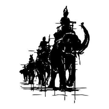 Silhouette of a traditional asian elephant with rider and howdah