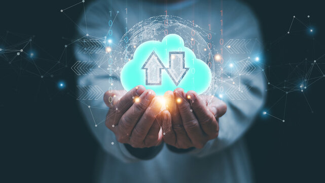 Cloud computing concept. Cloud icon with data upload and download above human hands. Secure digital storage, online data transfer, network technology, cybersecurity and modern cloud services. - Powered by Adobe