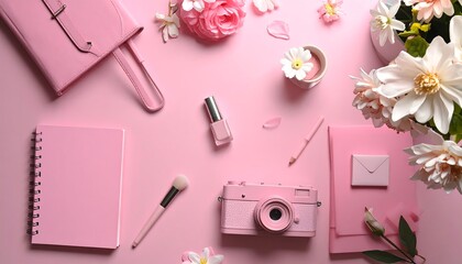Pink-toned flat lay with flowers, cosmetic and office items, and a vintage camera, all arranged neatly