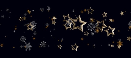 Elegant design of floating stars and snowflakes against a deep black backdrop, perfect for seasonal greetings, c © vegefox.com