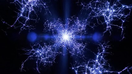 A vibrant, glowing network of interconnected blue lines and nodes radiates from a central point against a dark background - Powered by Adobe