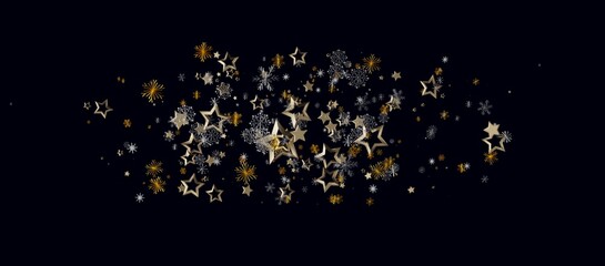 Elegant gold and silver stars and snowflakes on a deep black backdrop, perfect for holiday greetings and festive © vegefox.com