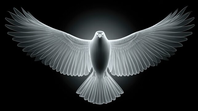 Illuminated avian form with widely spread wings is rendered in a glowing, transparent style against a dark background