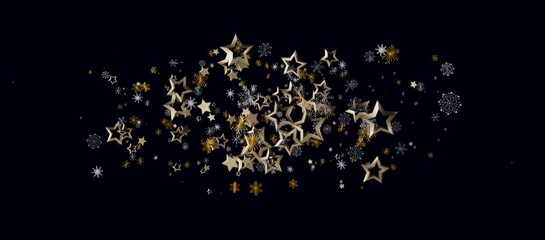 Festive gold stars, snowflakes scattered on a dark background, perfect for Christmas cards or holiday designs. C