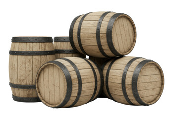 Five aged oak aging barrels with distressed texture and dark iron hoops, arranged dynamically on a seamless bright white studio background. Sharp, photorealistic product shot. Concept of