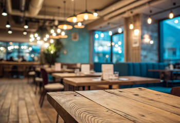 bar interior con efecto glow, mesa de madera en color marr&oacute;n imagen desenfocada