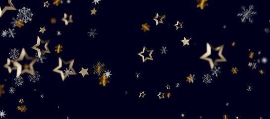 Festive background with gold stars and snowflakes floating on a dark blue backdrop. Perfect for Christmas, New © vegefox.com