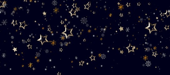 Christmas background with golden stars, snowflakes on a dark blue. Perfect for holiday greetings, decorations, © vegefox.com