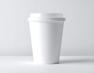 Plain white paper cup with a lid sits on a white surface against a white background in a studio setting