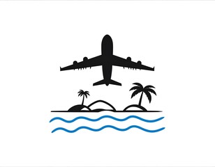 Plane flies over islands with palm trees and blue water waves, creating a sense of vacation destination
