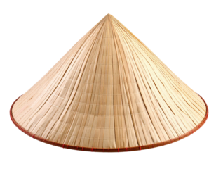 A conical woven hat with a wide brim, typically worn in East Asia. Isolated on a black background